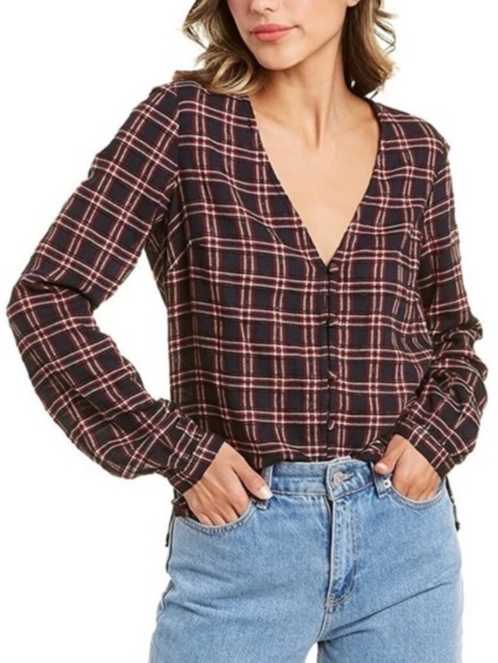 Veronica Beard Peggy Red & Navy Plaid V-Neck Button Down Shirt Size 0